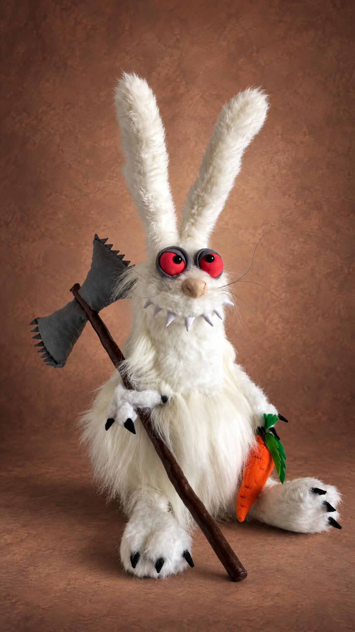 Handmade scary bunny plush sewn to order: fanged white hare holding a soft fabric axe and an orange carrot