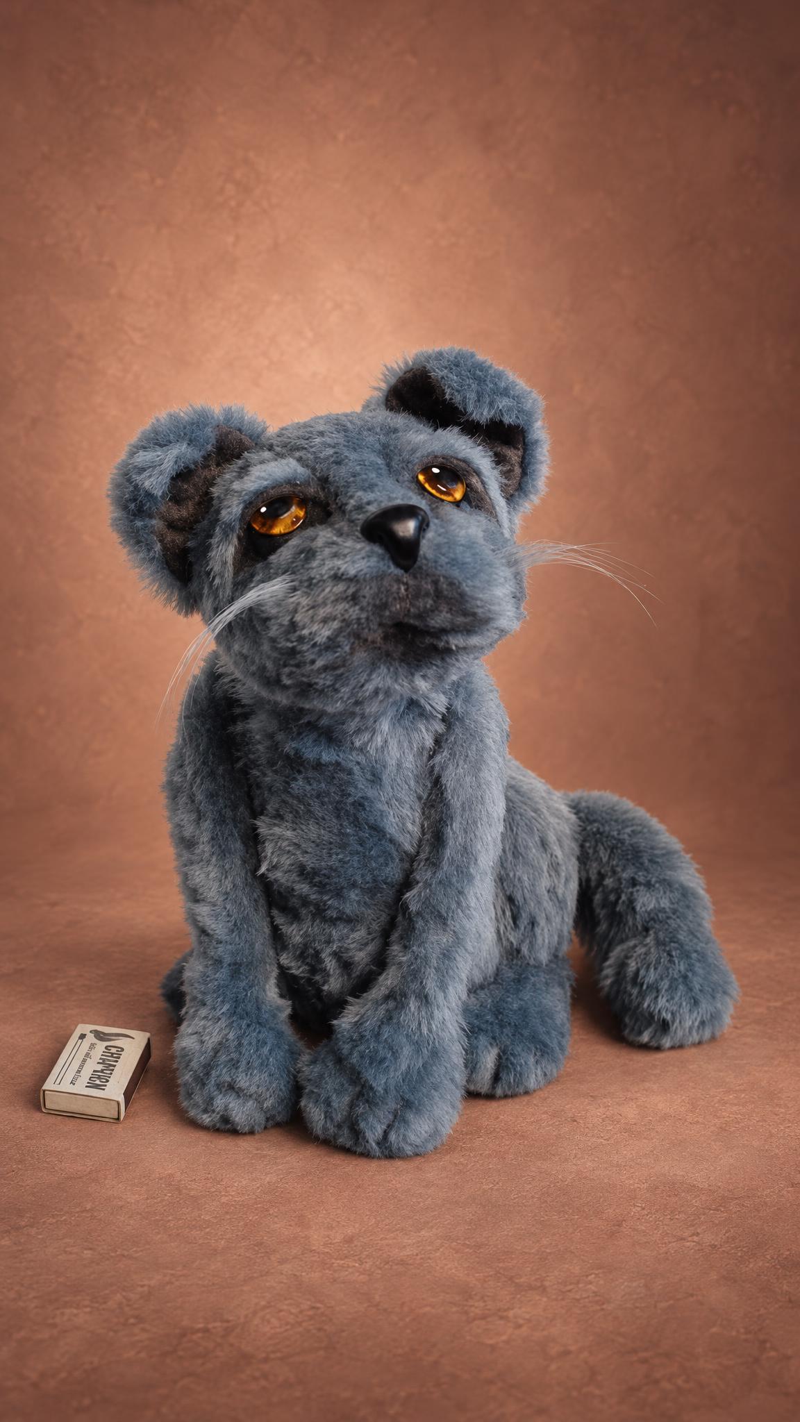 Handmade Scottish fold cat plush, custom made from a photo: blue faux fur coat and white whiskers