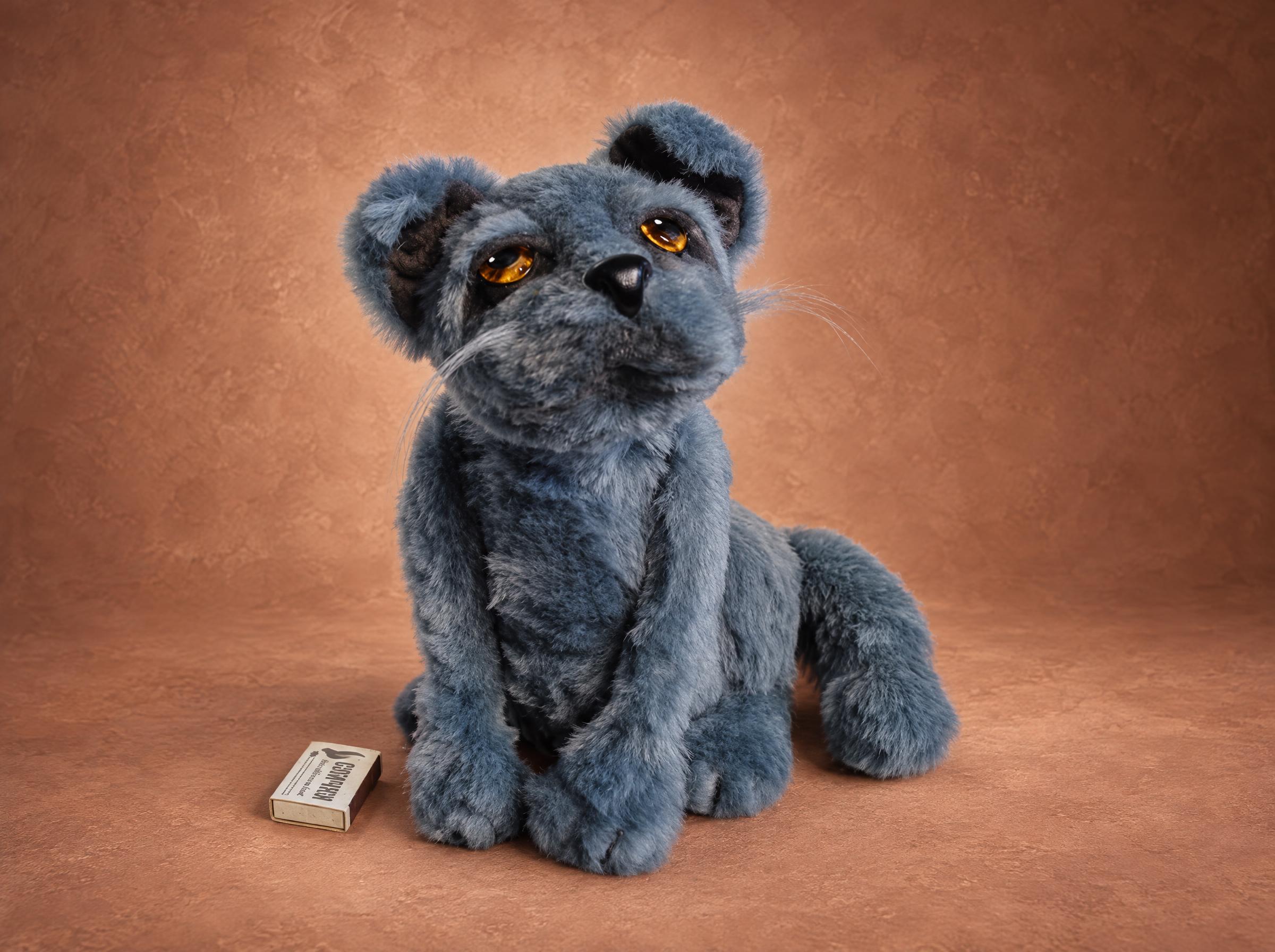 Scottish fold plush cat sewn to order from a photo: blue-grey faux fur, amber eyes, folded ears
