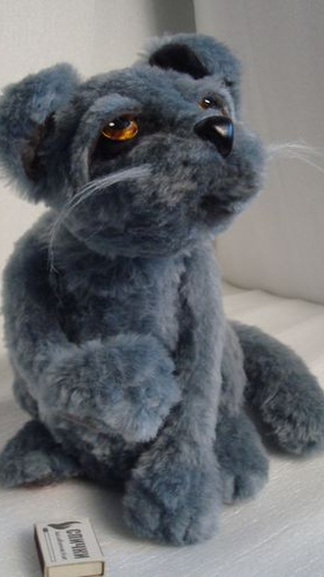 Custom Scottish fold stuffed animal with a wire frame: bendable front paw raised, blue-grey faux fur