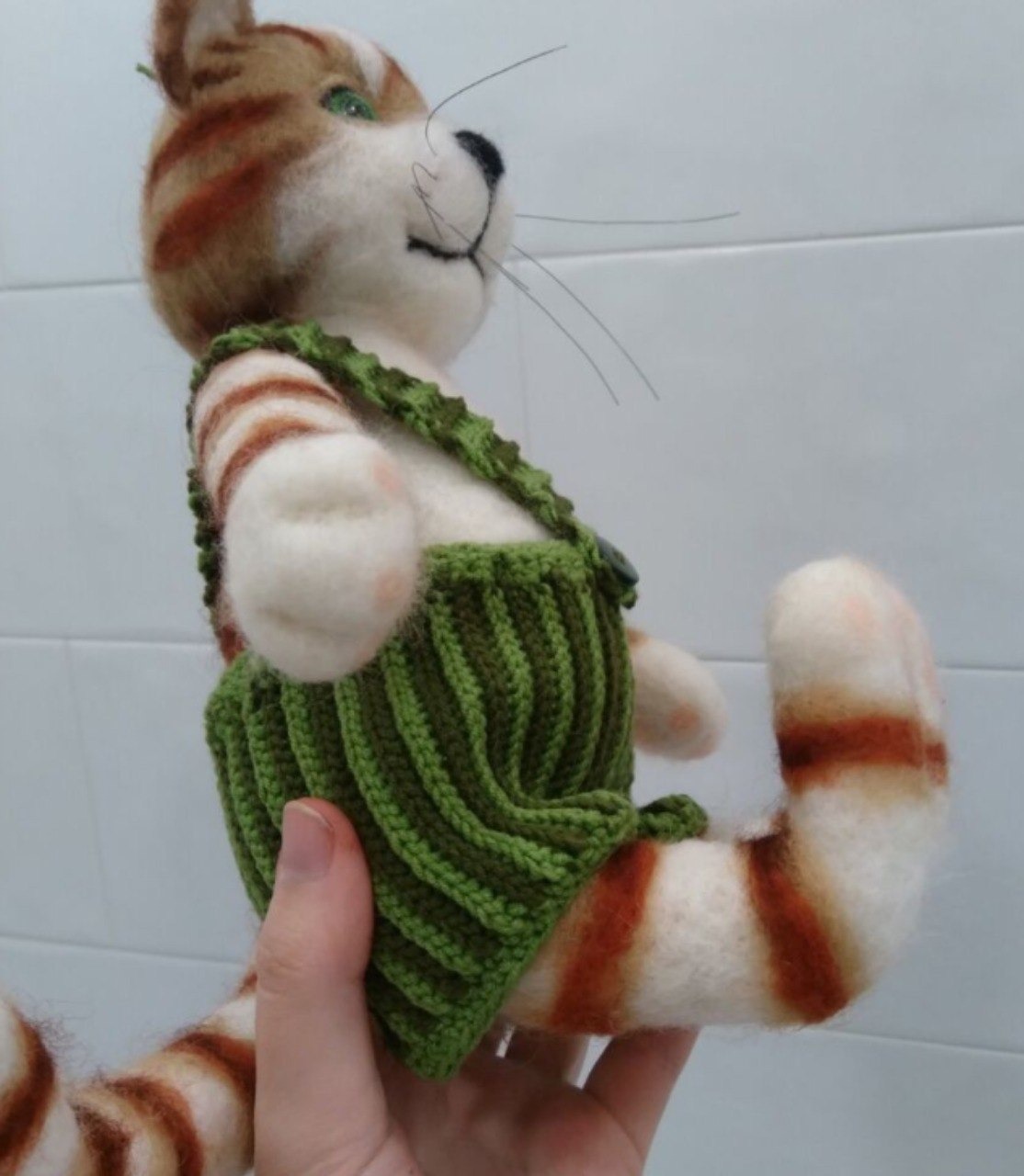 Felted Findus with knitted trousers Wool Findus cat toy with a ginger striped tail and knitted green trousers, a Pettson book cat made to order