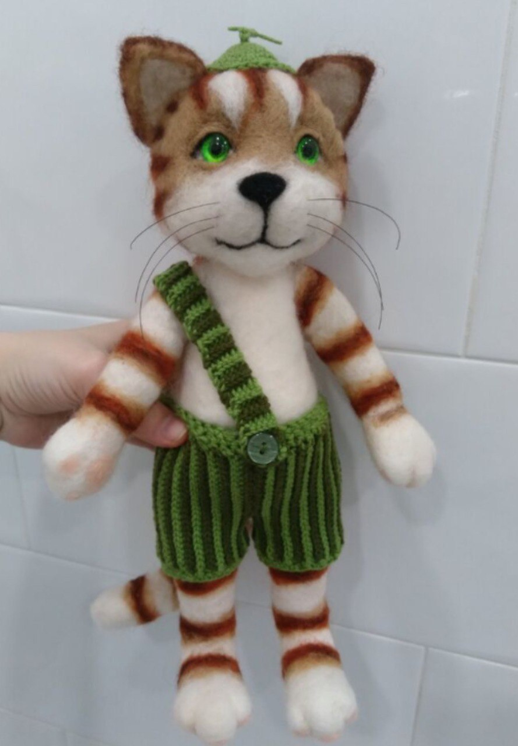 Second felted Findus cat toy Second needle felted Findus cat toy with a tan striped head and ribbed knit trousers, handmade to order
