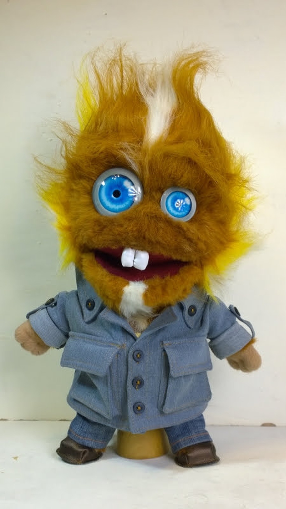 Shaggy monster plush in a buttoned denim jacket, ginger faux fur with yellow tips, handmade to order