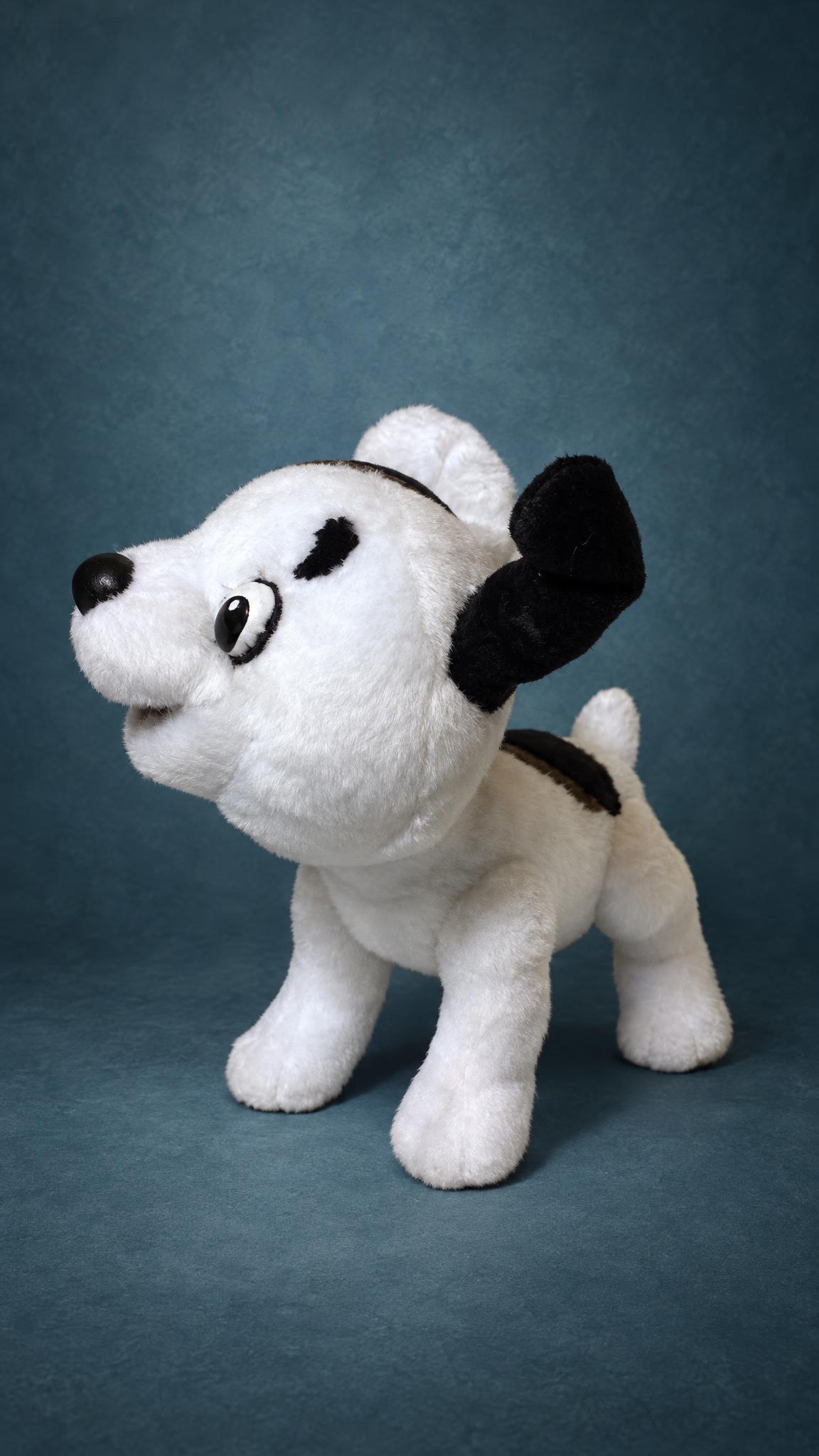 Sharik puppy plush from Kitten Named Woof, white with one black ear and a spotted back, handmade to order