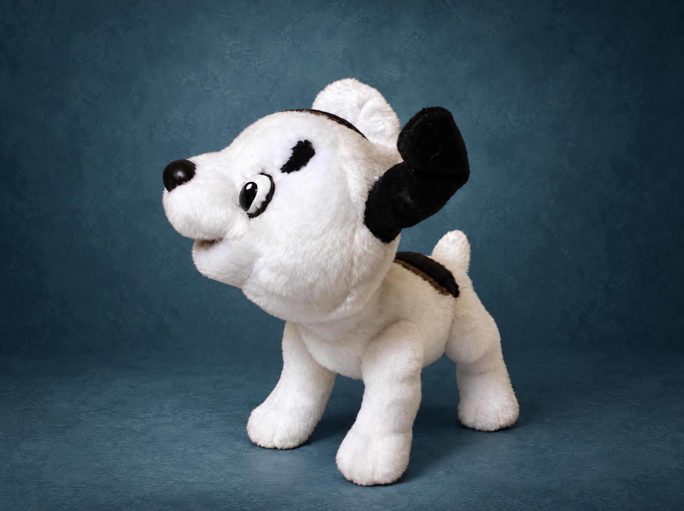 Sharik puppy plush from Kitten Named Woof Sharik puppy plush from Kitten Named Woof, white with one black ear and a spotted back, handmade to order