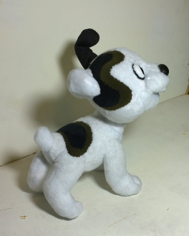 Sharik white puppy plush with spotted back White Sharik puppy plush with black and olive spots over the eye and back, Soviet cartoon toy made to order