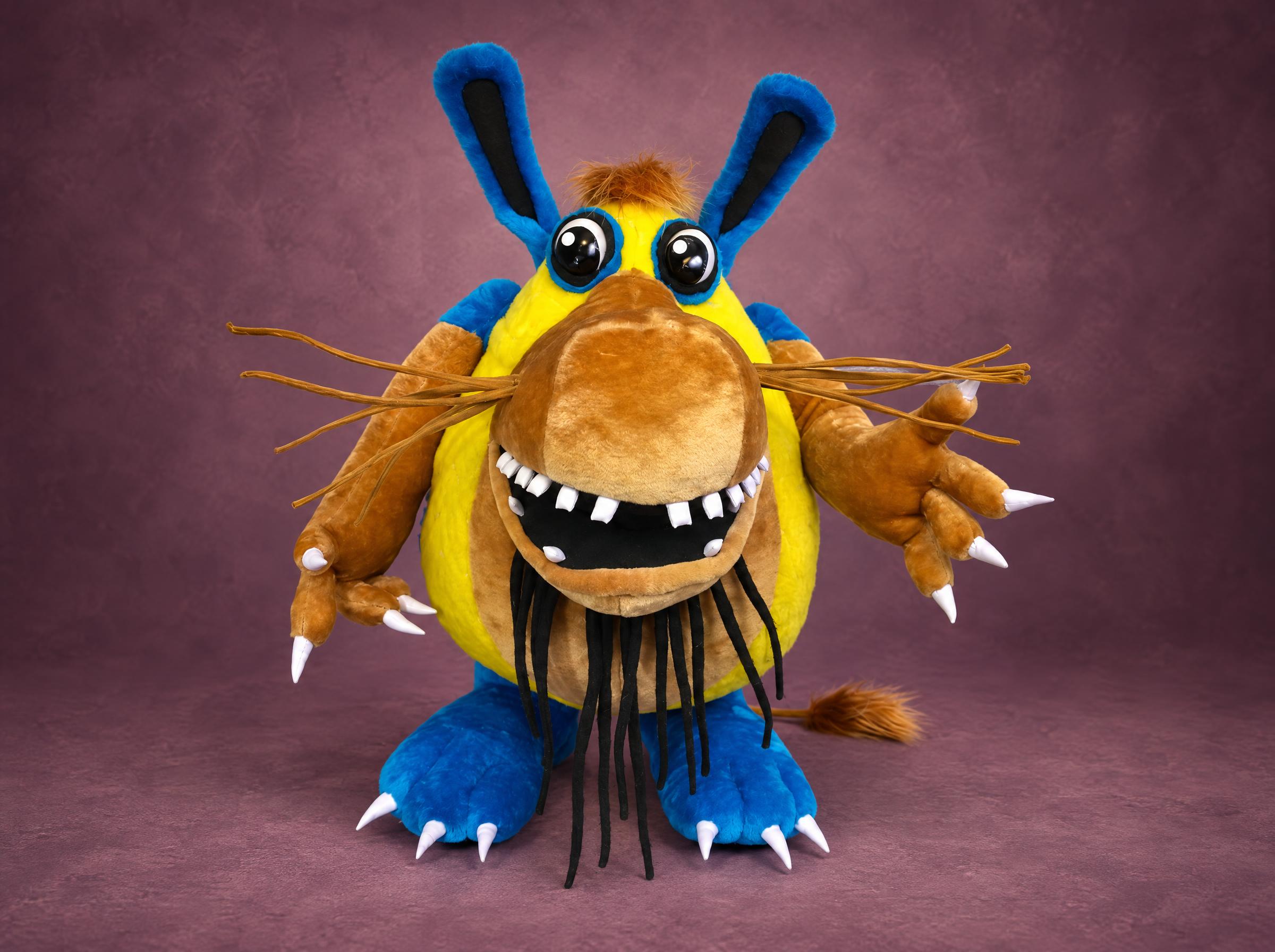 Shtusha-Kutusha custom monster plush, handmade to order: blue ears, yellow belly, tan muzzle, black beard