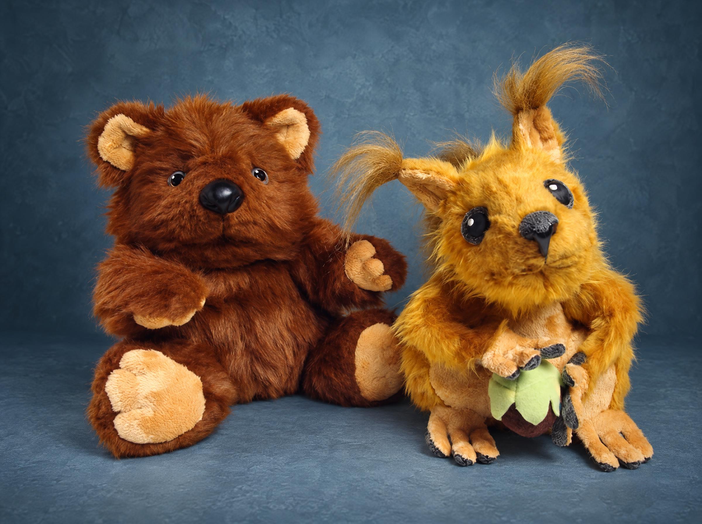 Squirrel plush with a green hazelnut and a brown bear plush, handmade to order from two Skype emoticons