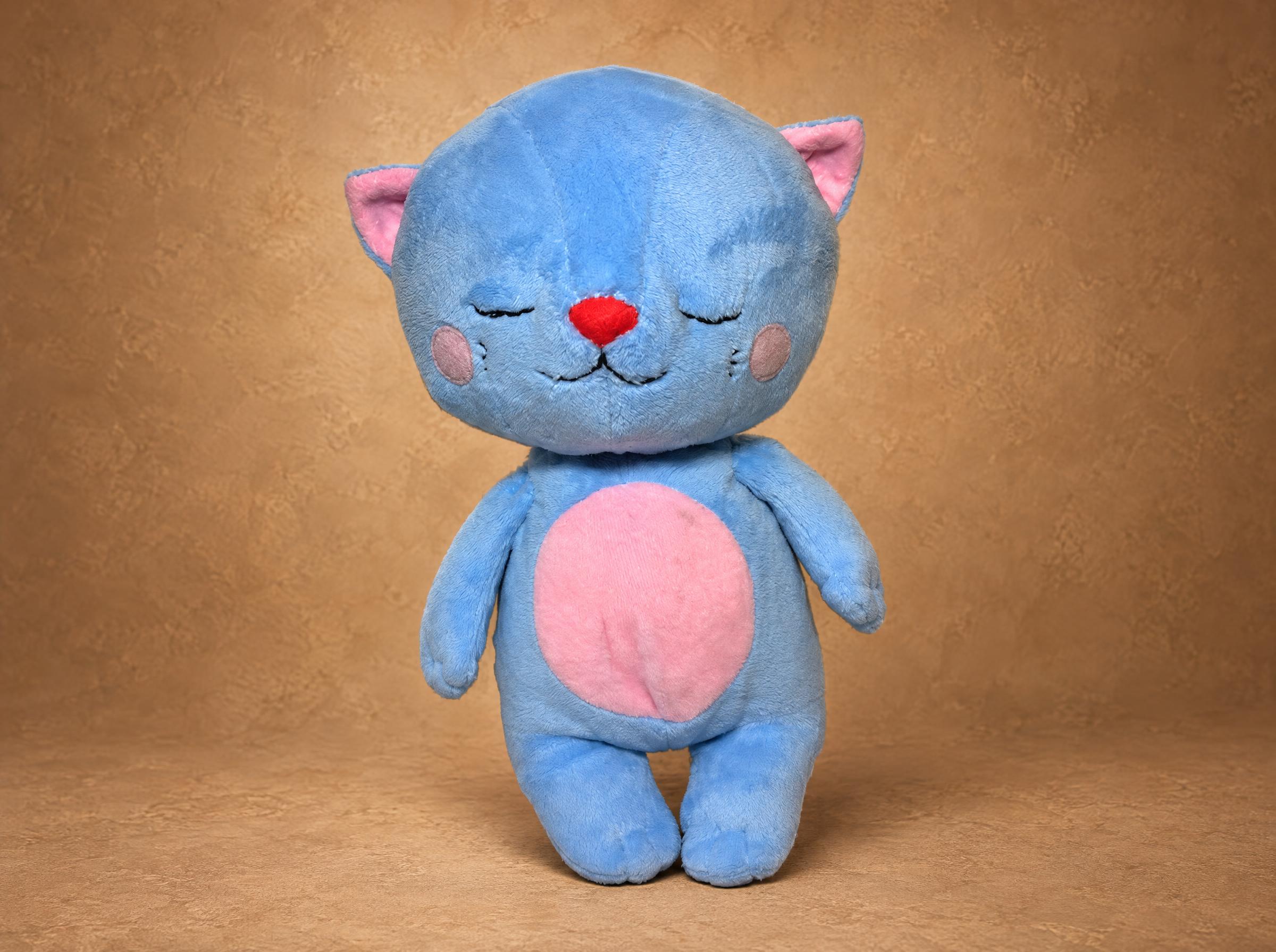 Sleepy cat plush in anime style, a sky blue kitten with closed eyes, red nose and pink belly, handmade to order