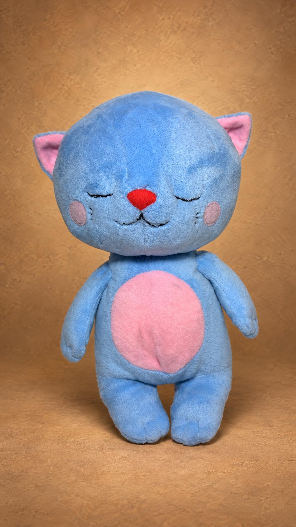 Handmade sleepy cat plush, a blue anime kitten with stitched closed eyes and pink cheeks, made to order