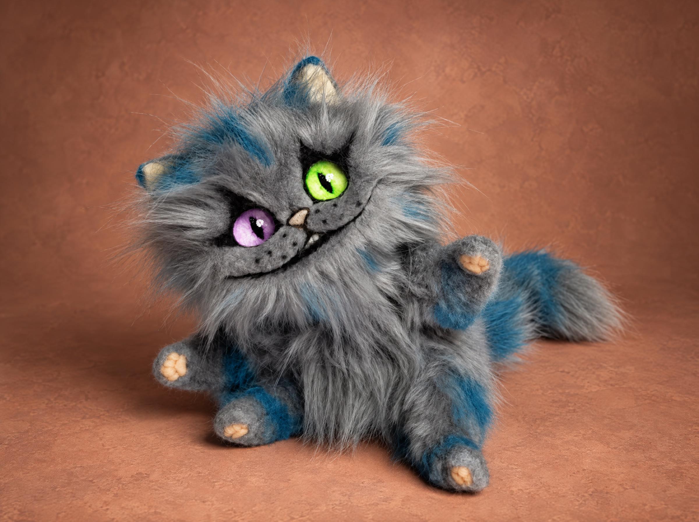 Small Cheshire Cat plush kitten with one violet and one green eye, grey faux fur, blue stripes, made to order