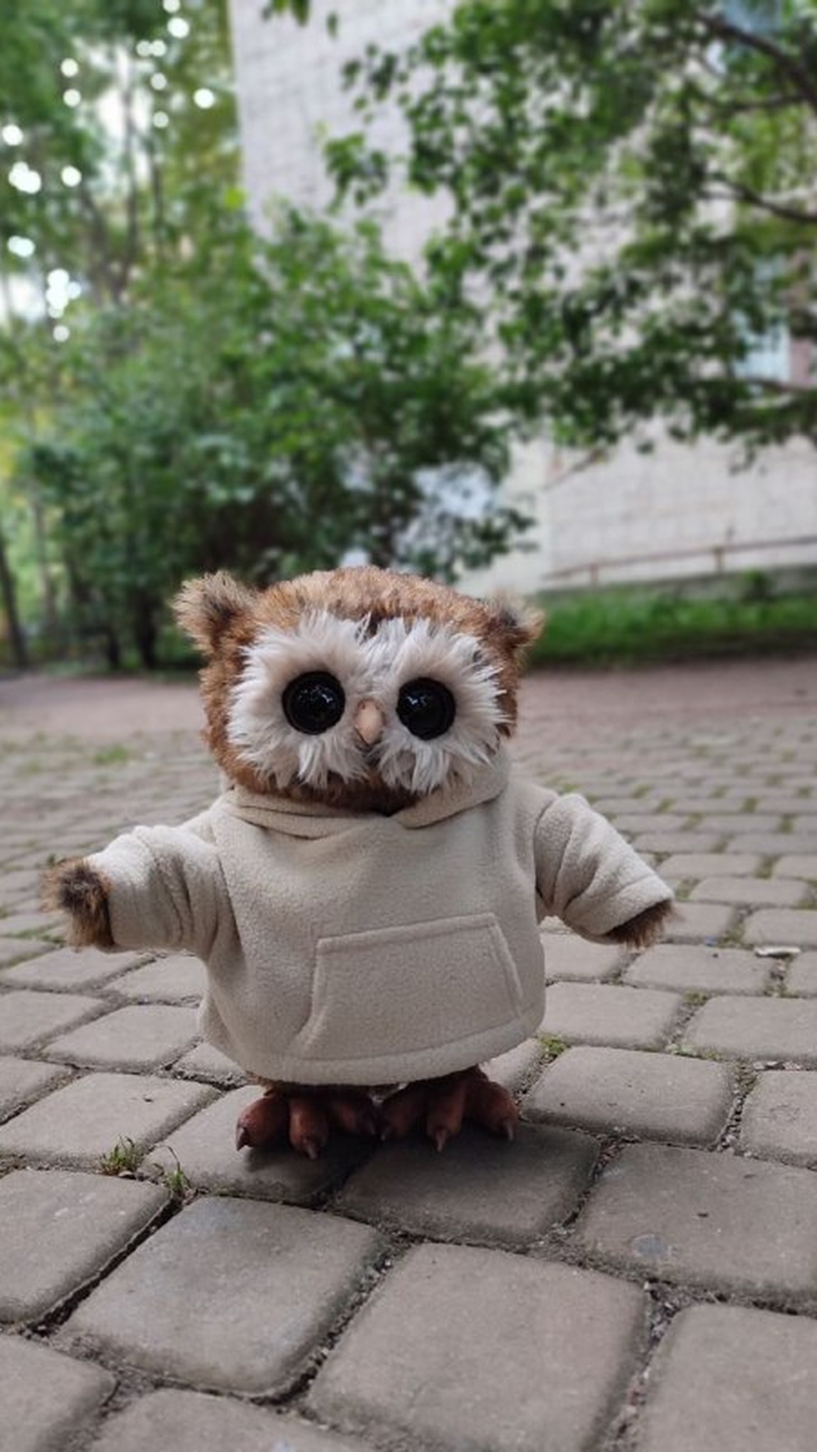 Small owl plush in a hoodie standing in a courtyard, faux fur owl with big eyes, custom made to order
