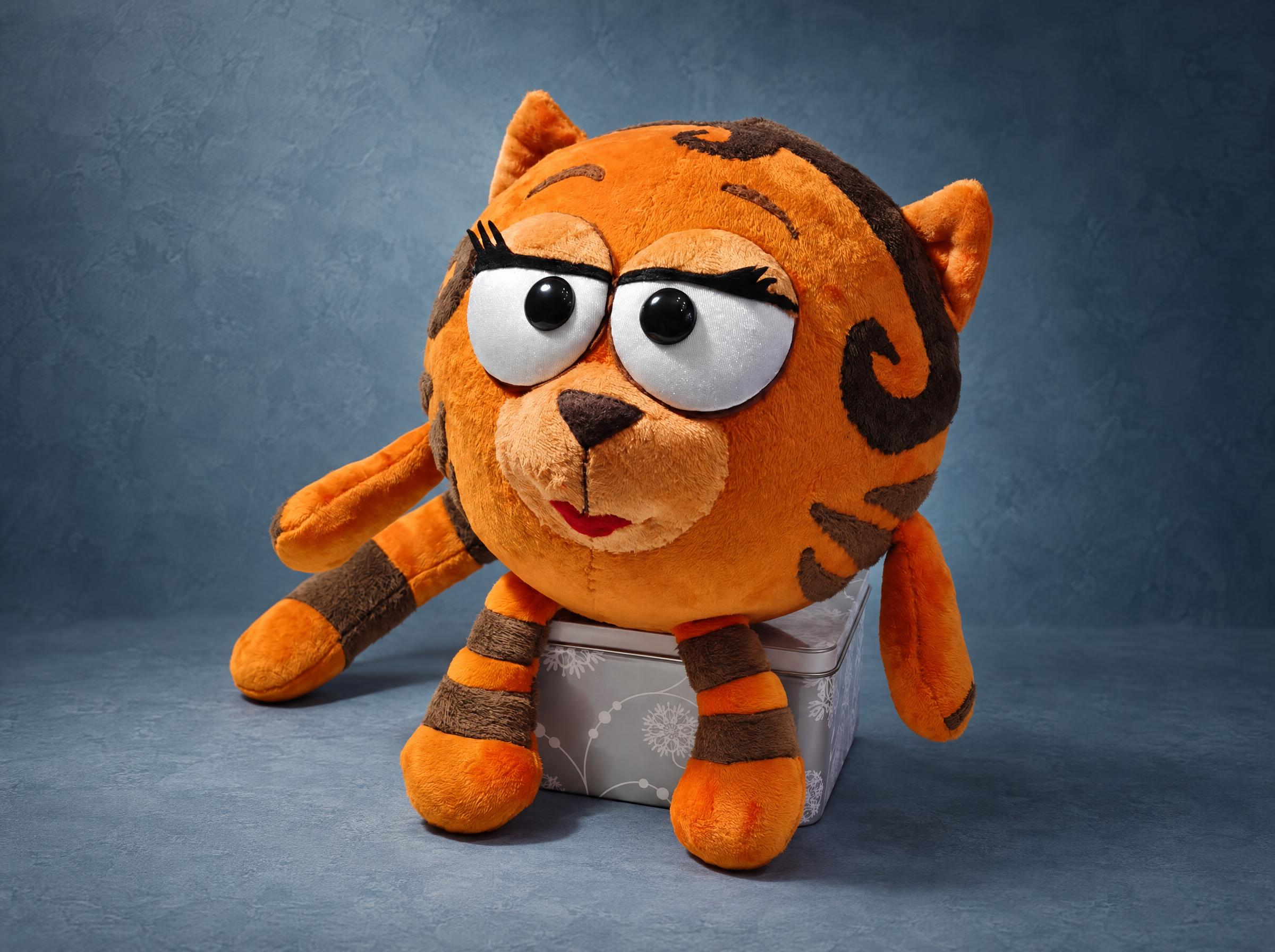 Smeshariki plush Tigritsia, handmade to order: round orange tiger with brown swirls, lashes and red lips