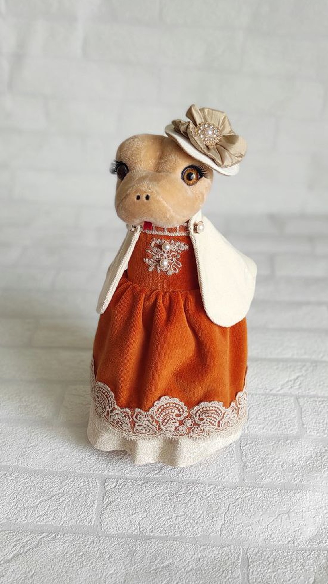 Snake plush lady in orange velvet dress and flower hat, handmade corporate gift made to order