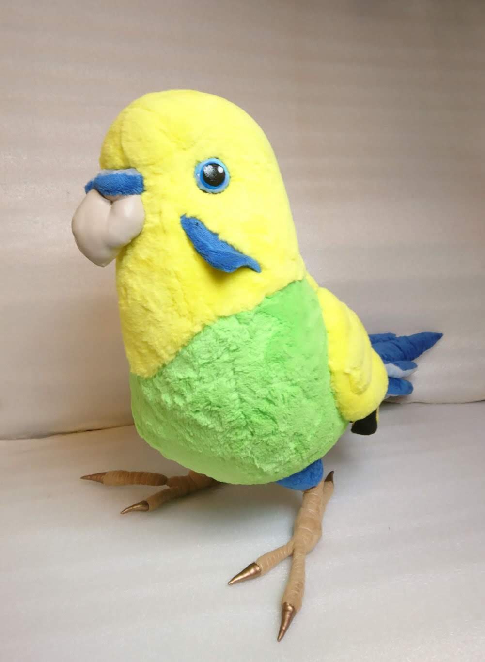 Soft budgie plush with a pale beak Soft budgie plush with a pale beak, blue cheek patch and lemon yellow faux fur head, made to order