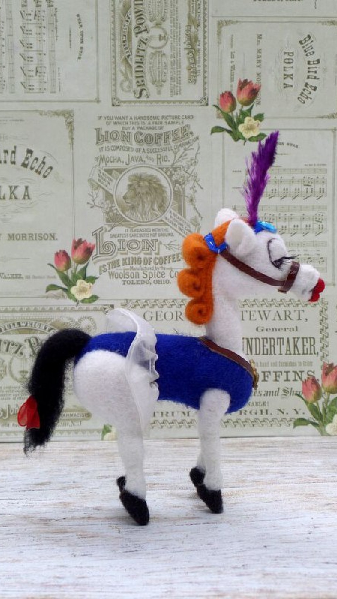 Soviet cartoon horse plush Angela, made to order by hand: orange curls, purple feather, red bow on the tail