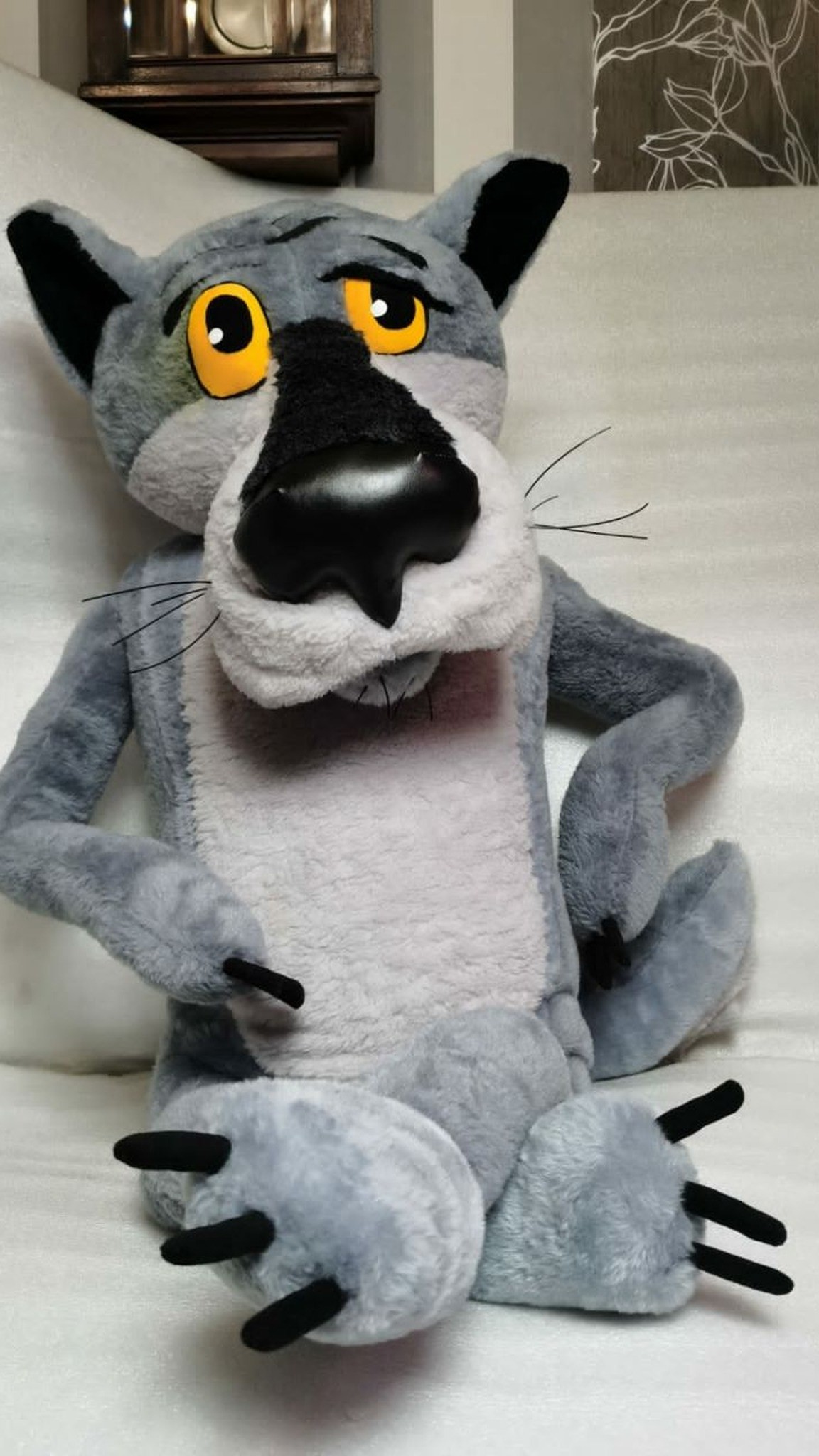 Grey Wolf plush from Once Upon a Dog with droopy amber eyes and long whiskers, made to order