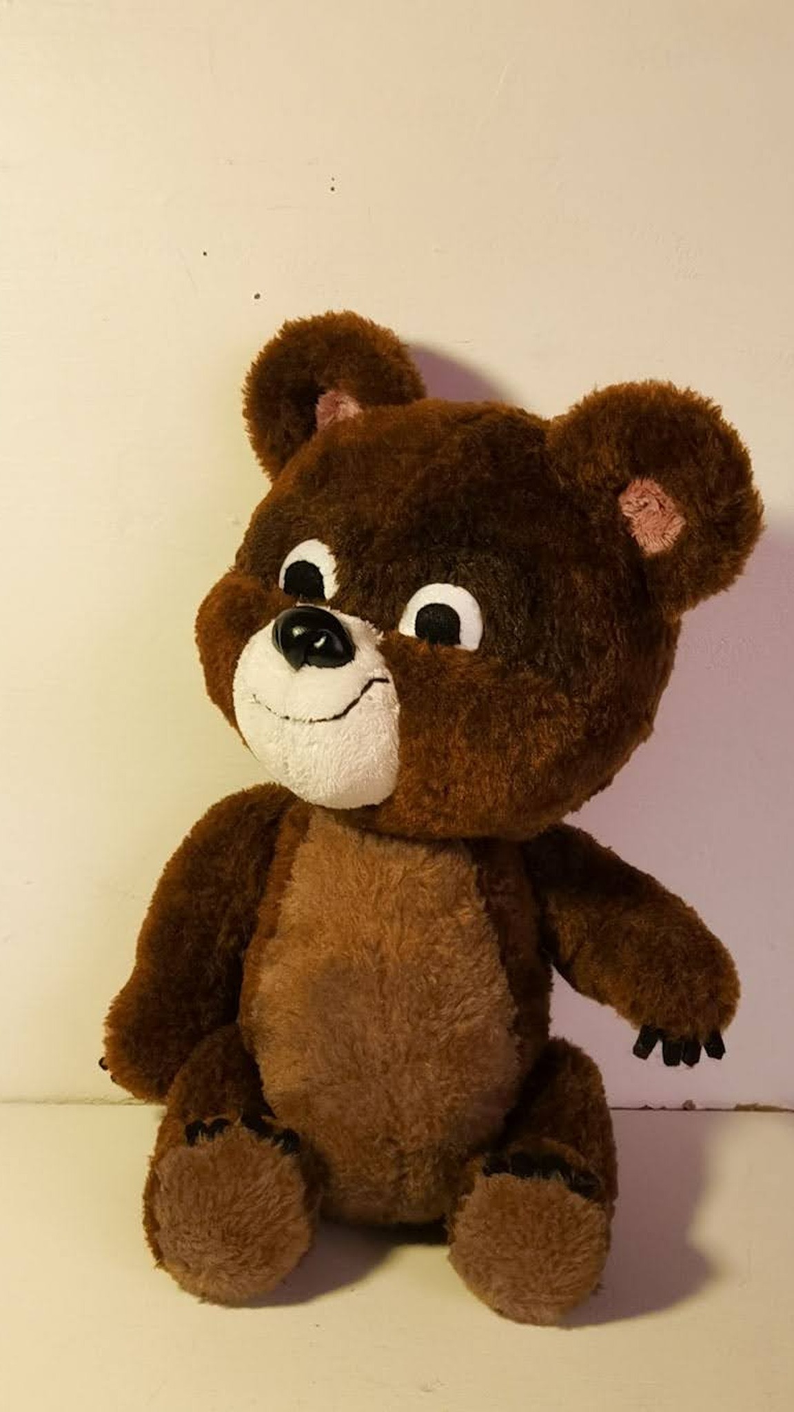 Another handmade Misha bear plush, sewn to order: brown faux fur, white muzzle, round eyes, pink ears