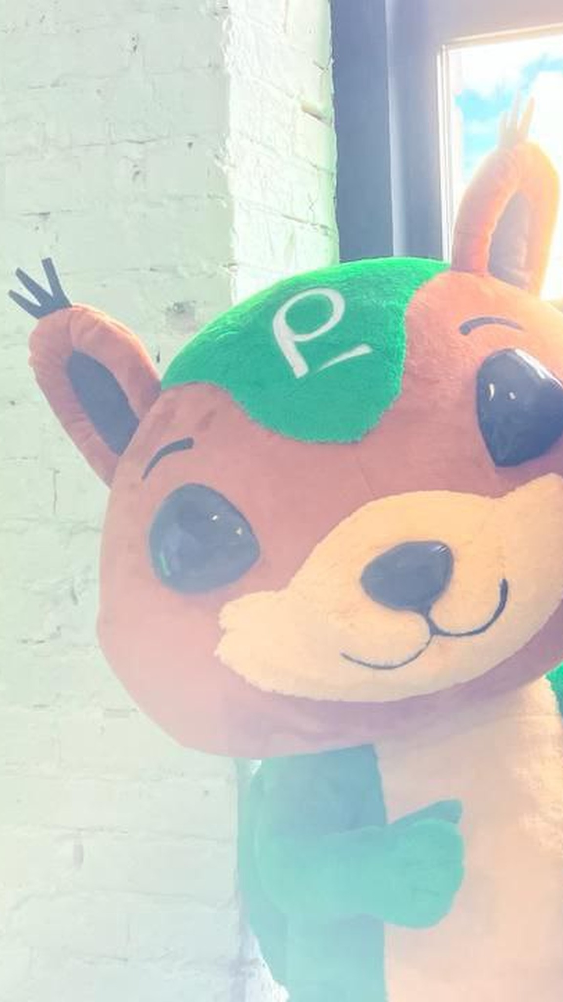 Face of a squirrel mascot plush: brown head, cream muzzle, big black eyes, logo patch, sewn to order