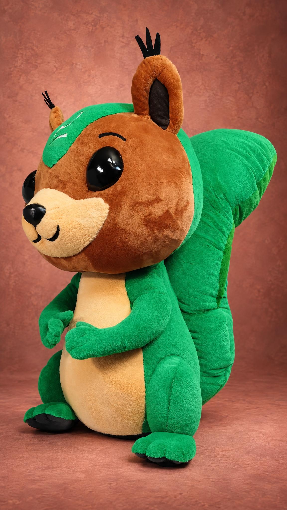 Custom squirrel mascot plush in green and brown with tufted ears, sewn by hand from a company drawing