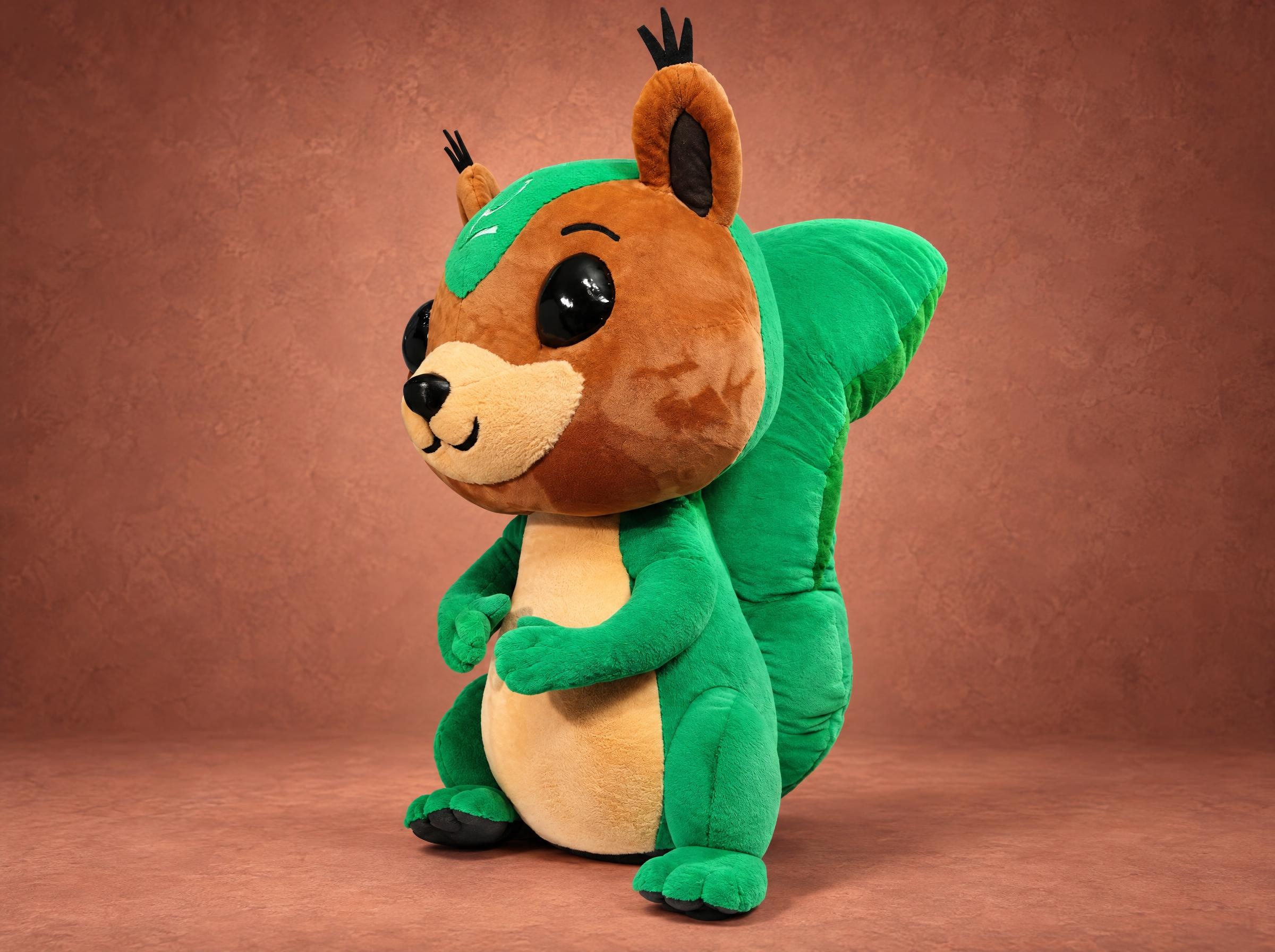 Squirrel mascot plush with a green tail, brown head and big black eyes, handmade to order for a company