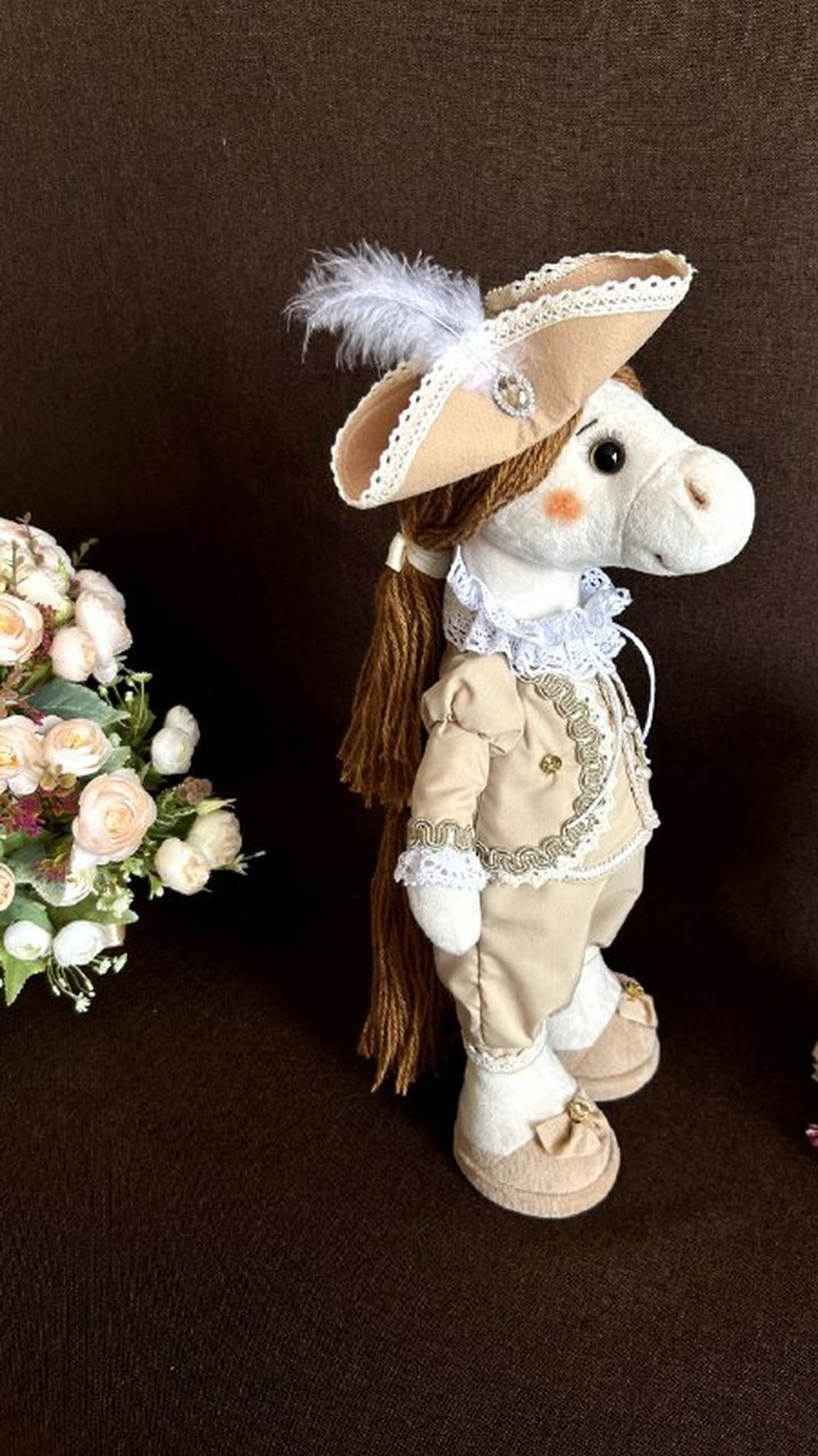 Stallion horse plush in a beige suit with lace ruff and a feathered tricorn hat, handmade to order