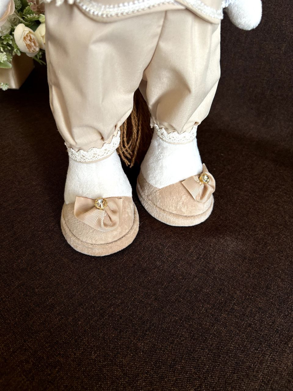 Stallion plush shoes with bows Stallion plush shoes with bows and gem drops, lace cuffs on beige breeches, handmade to order