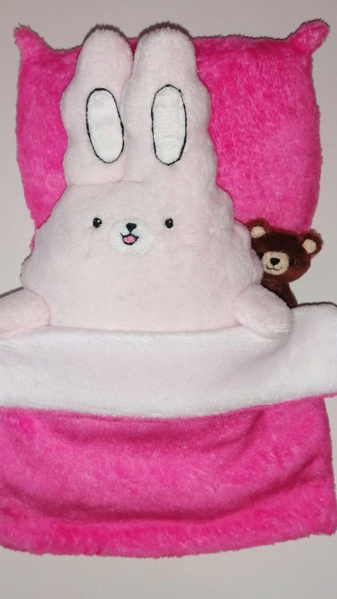 Sticker plush bunny with his own bed set: fluffy pink pillow, pink blanket and a teddy peeking out, handmade
