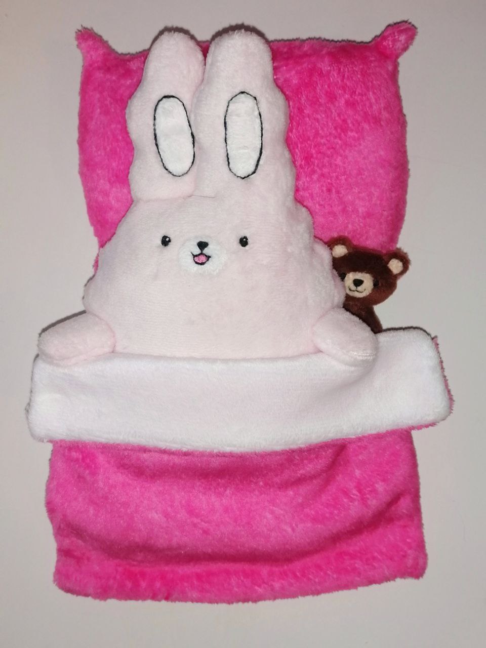 Sticker plush bunny with a bed set Sticker plush bunny with his own bed set: fluffy pink pillow, pink blanket and a teddy peeking out, handmade