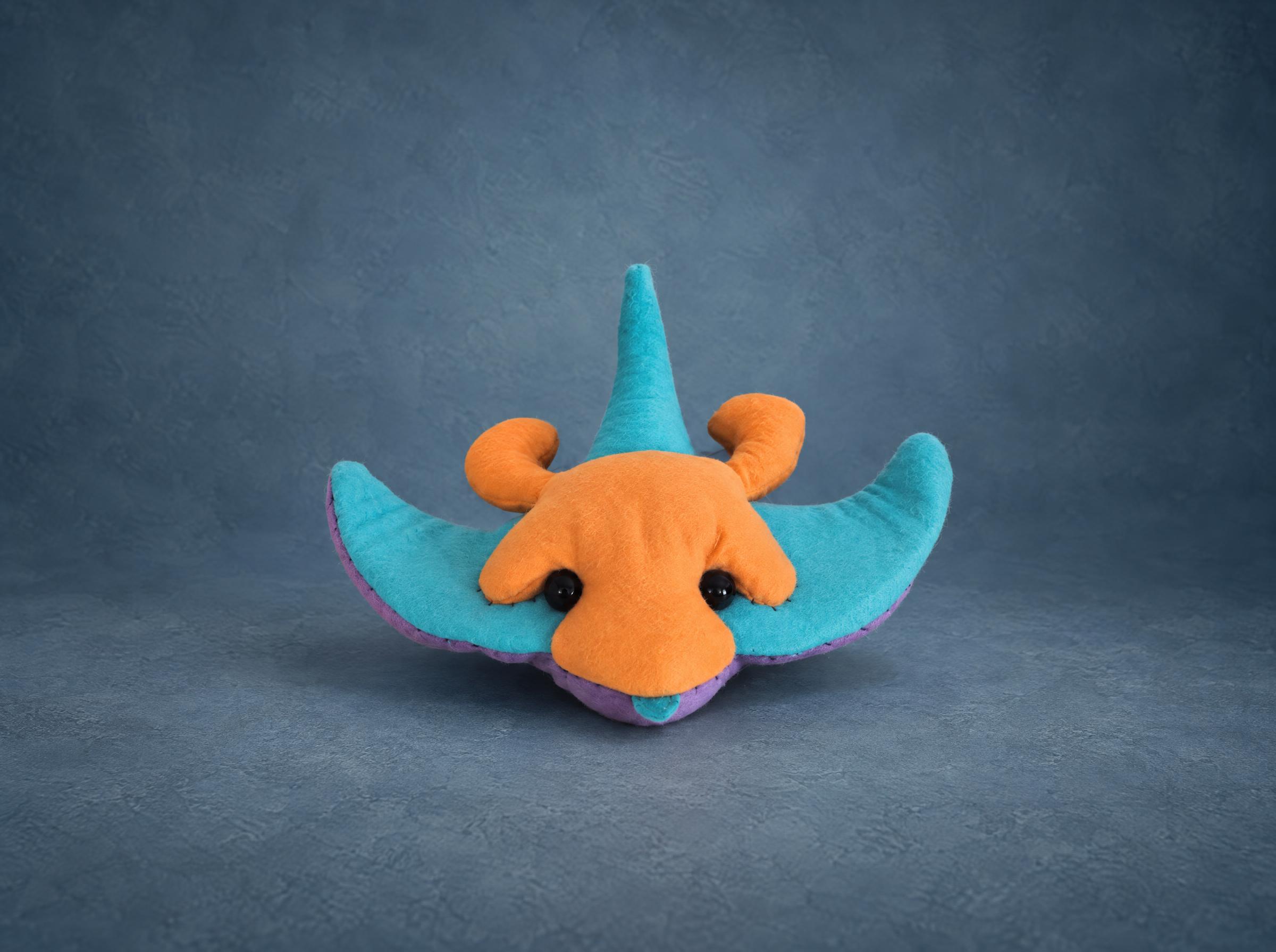 Stingray plush from a computer game, handmade to order: turquoise wings, orange head with curled horns