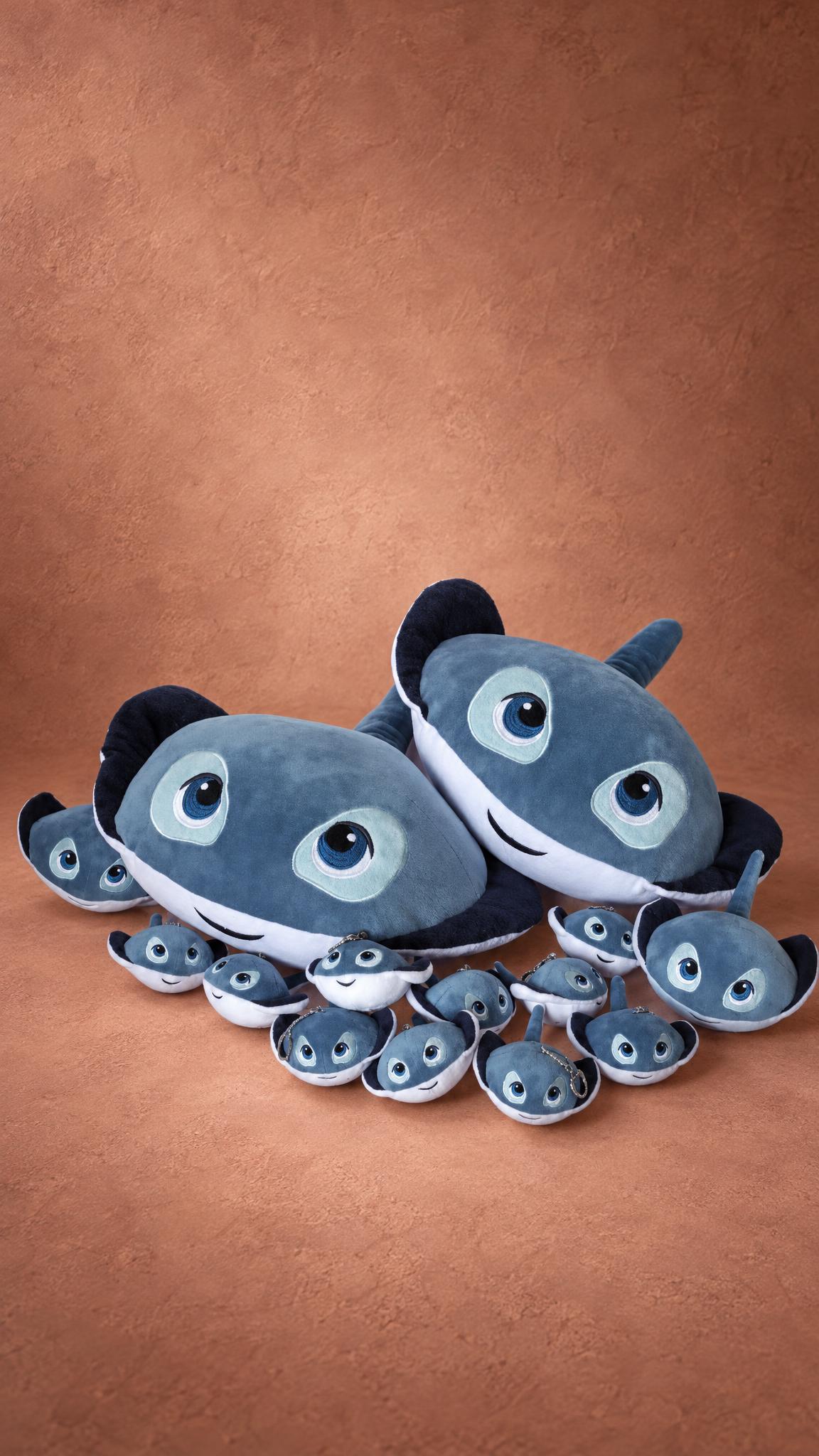 Stingray mascot plush in three sizes, grey-blue with white bellies and navy wing tips, handmade to order