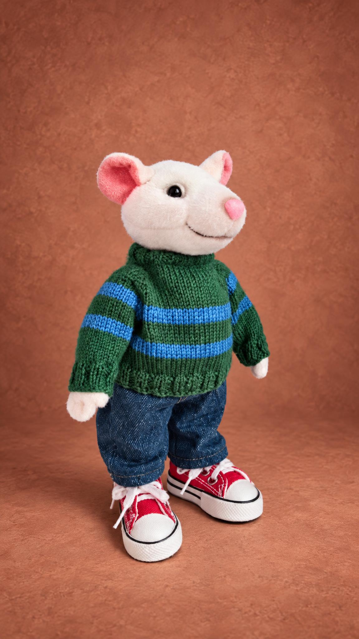 Handmade Stuart Little plush with pink ears and a stitched smile, standing in red lace-up sneakers, made to order