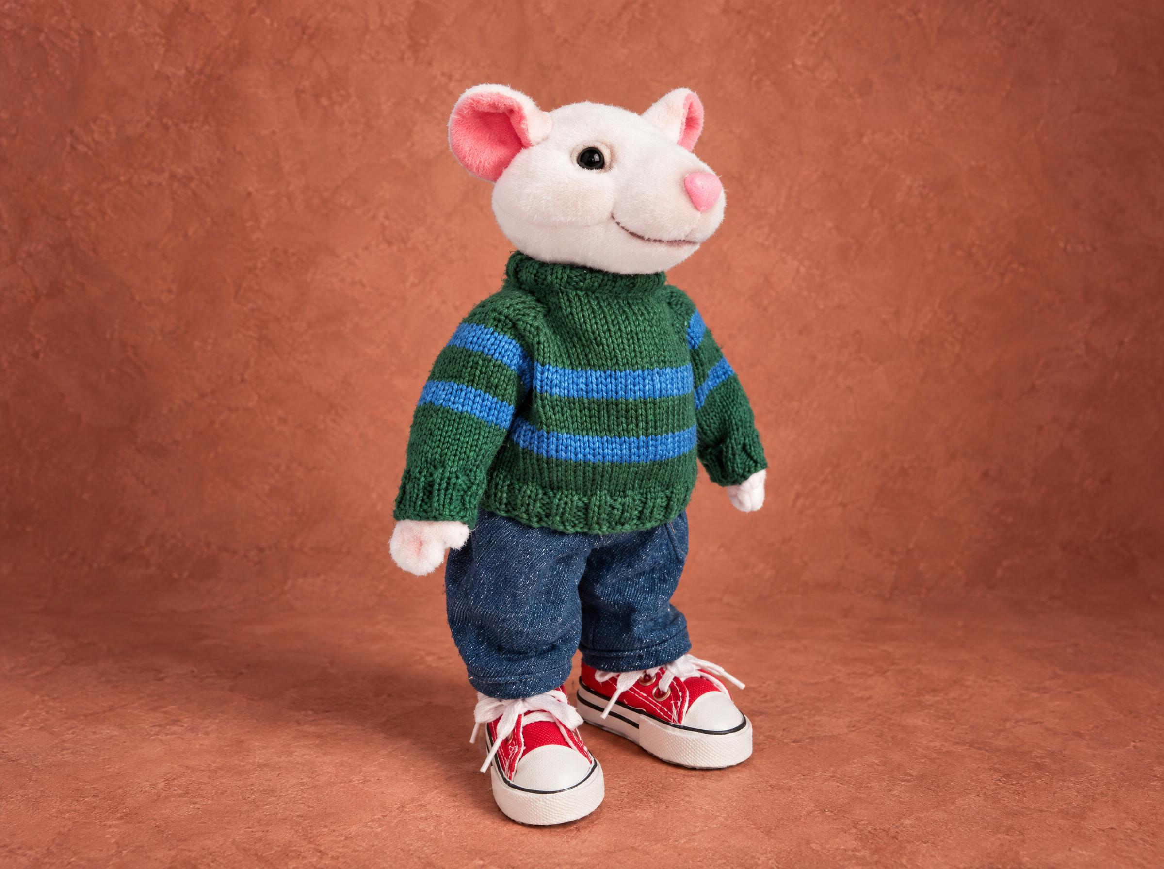 Stuart Little plush mouse in a green striped knitted sweater, denim jeans and red sneakers, handmade to order