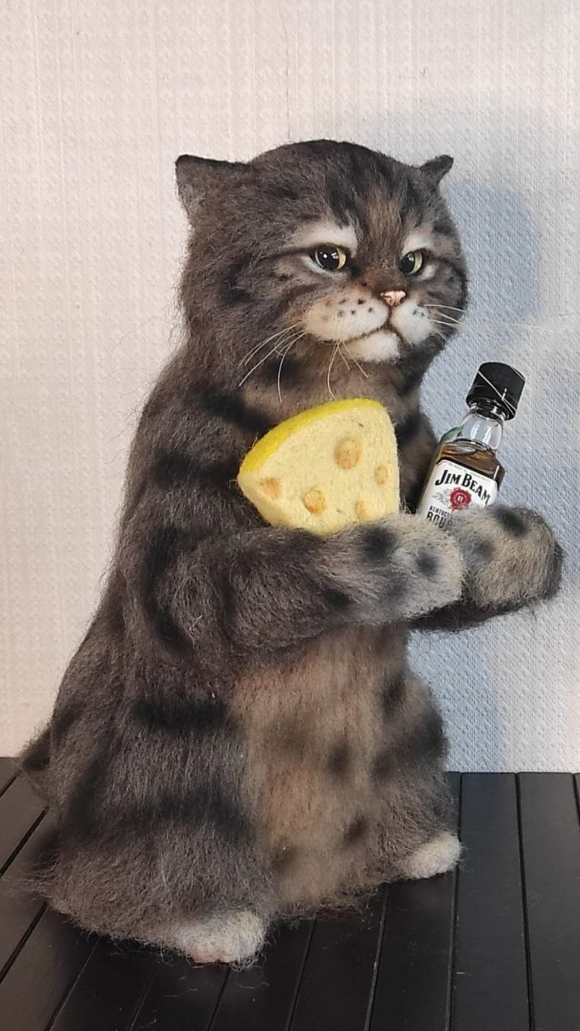 Sulky cat meme plush in grey faux fur, made to order: striped tail, cheese wedge and tiny whisky bottle