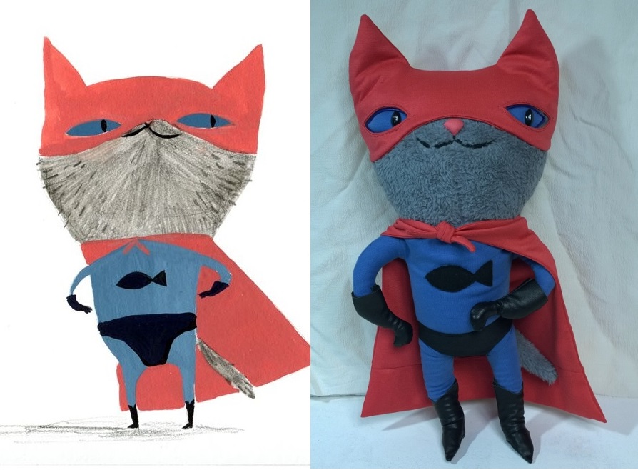 Superhero cat: drawing and plush The customer's drawing of a superhero cat next to the plush we sewed from it, a custom toy made to order