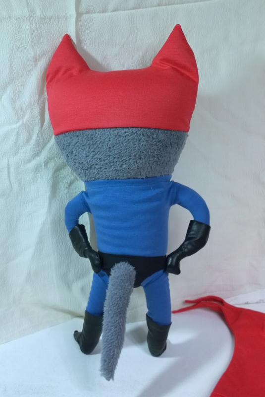 Superhero cat plush, cape off Superhero cat plush with the cape off, grey faux fur tail and black faux leather gloves, handmade to order