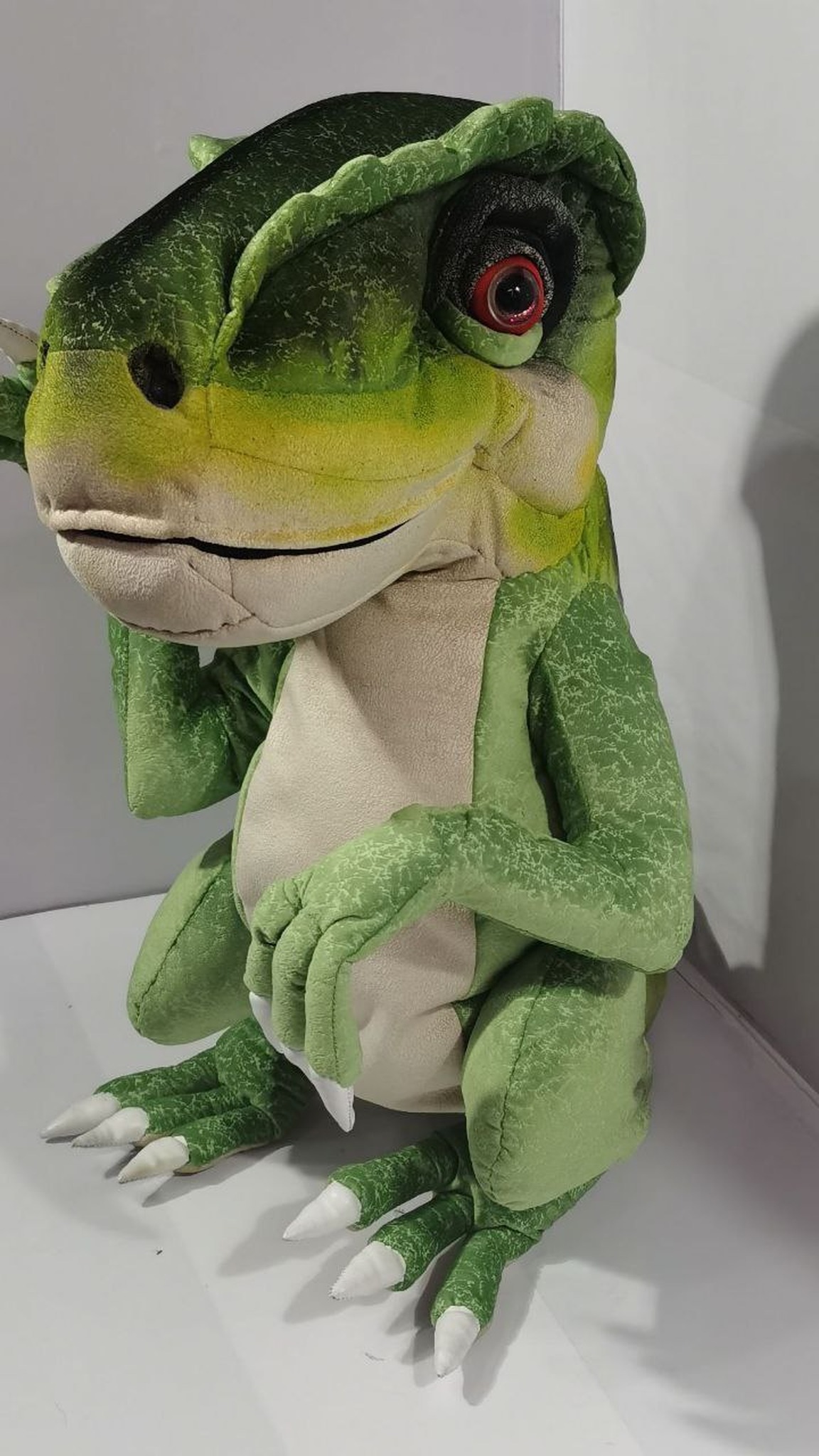 Custom T-rex plush with red eyes, cream belly and white claws, handmade to order as a soft dinosaur