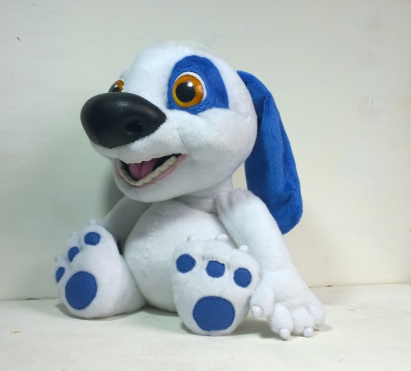 Talking Hank plush sitting Talking Hank plush sitting, showing big blue paw pads on his soles, custom Talking Tom dog toy made to order