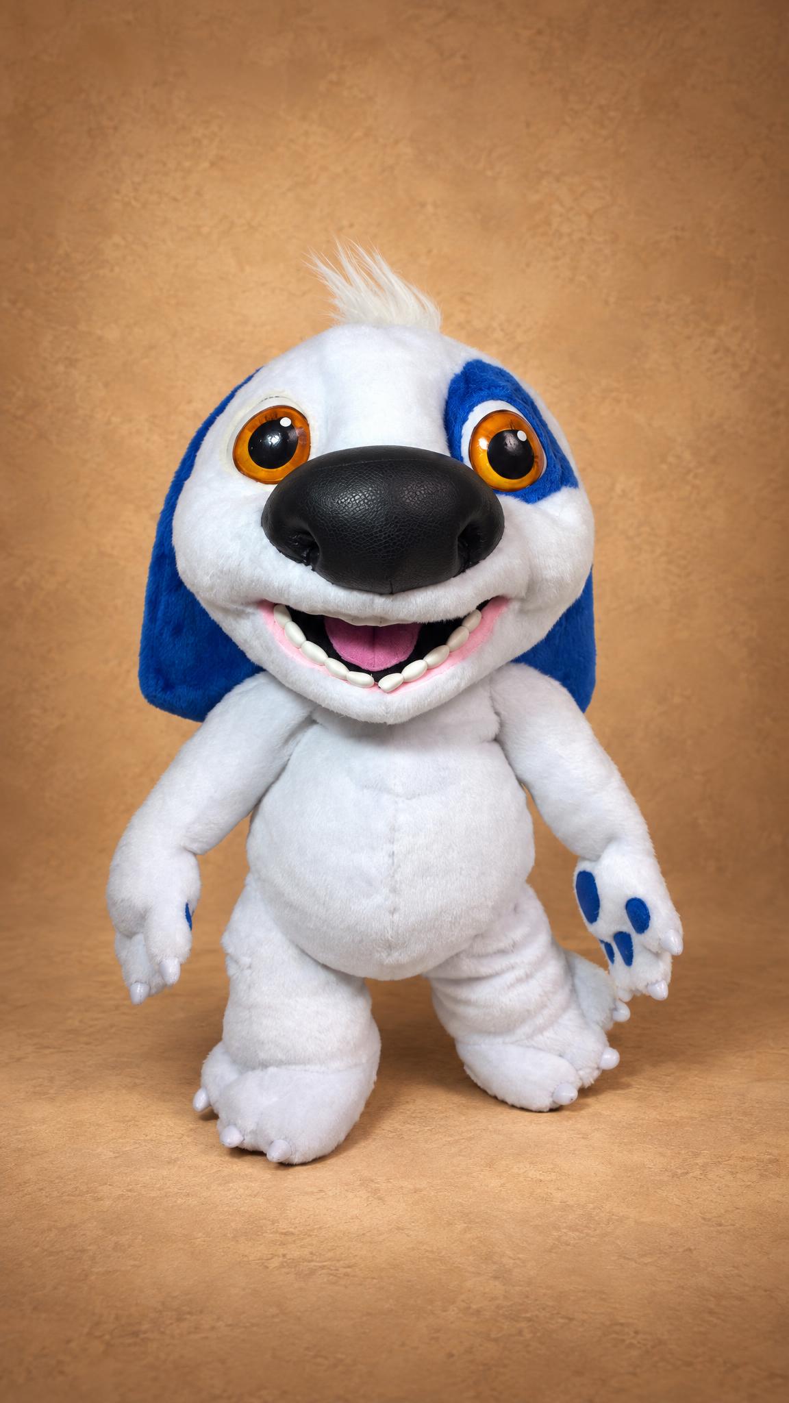 Handmade Talking Hank plush standing, white Talking Tom dog with blue paw pads and open grin, sewn to order