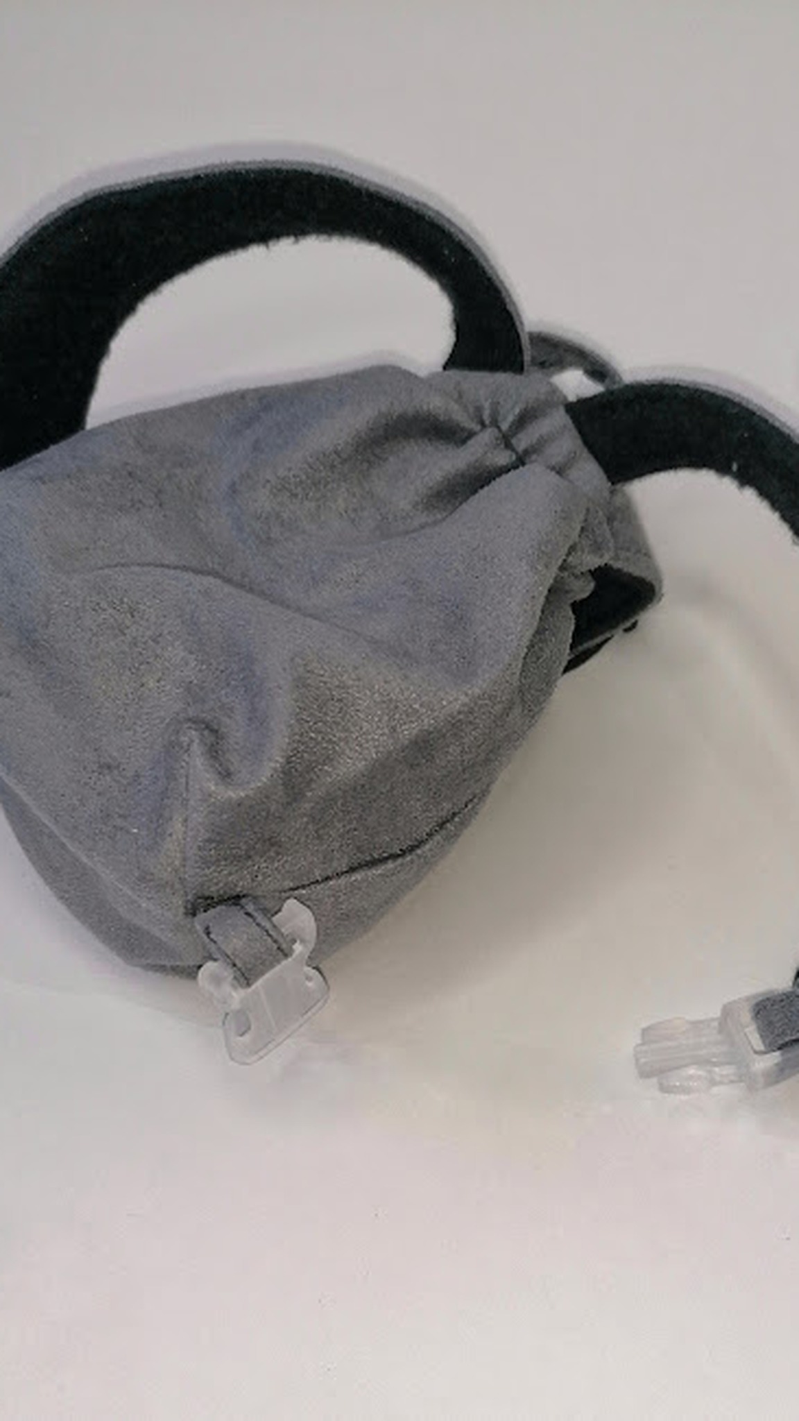 Grey backpack with black straps sewn for the custom tamagotchi pet plush