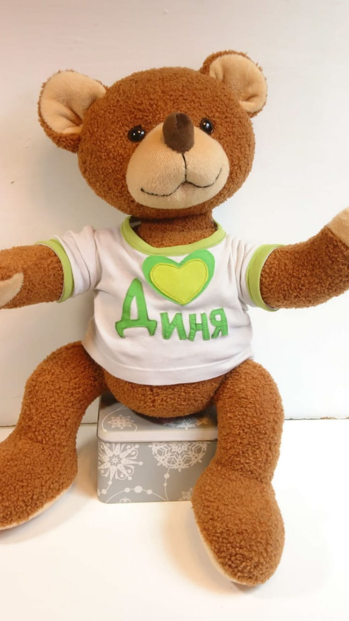 Teddy bear gift for a girlfriend sitting on a tin box, curly brown faux fur and a name T-shirt, sewn from photos