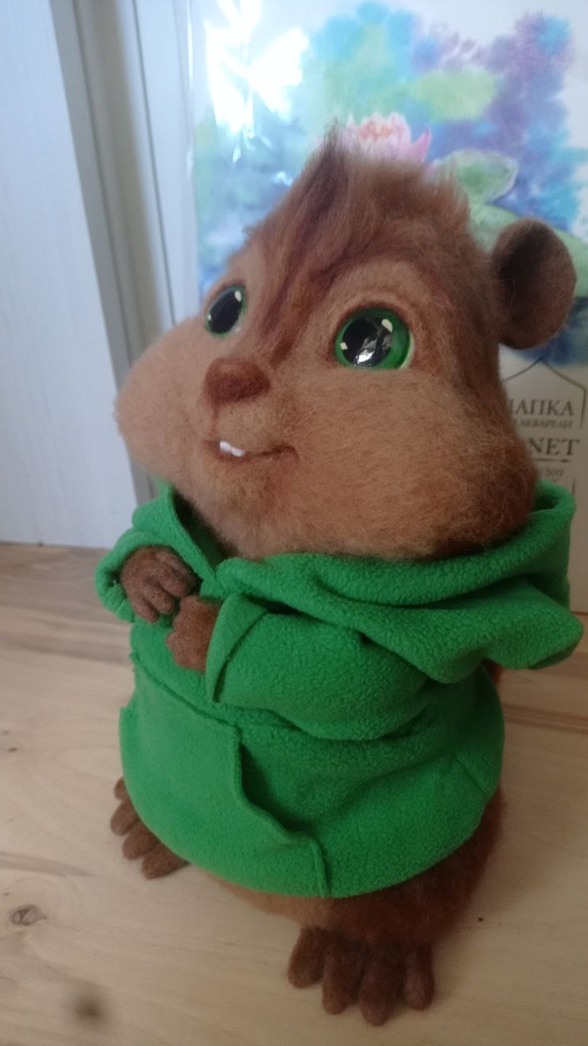 Needle felted Theodore with brown ears and a dark forehead stripe, custom chipmunk plush in green made to order