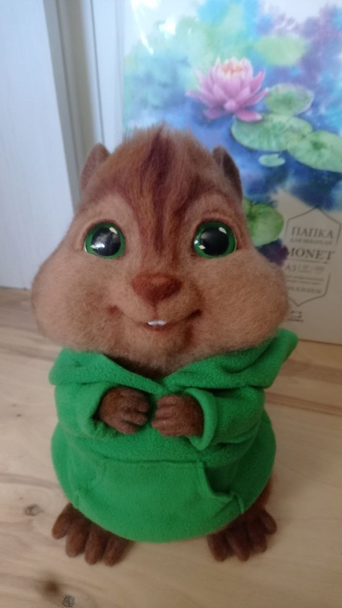 Felted wool Theodore chipmunk standing on his own feet, green hoodie, custom Alvin and the Chipmunks toy
