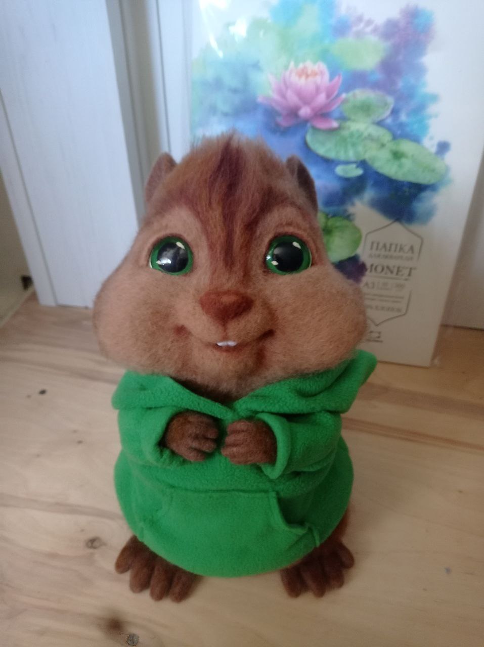 Felted Theodore chipmunk standing Felted wool Theodore chipmunk standing on his own feet, green hoodie, custom Alvin and the Chipmunks toy