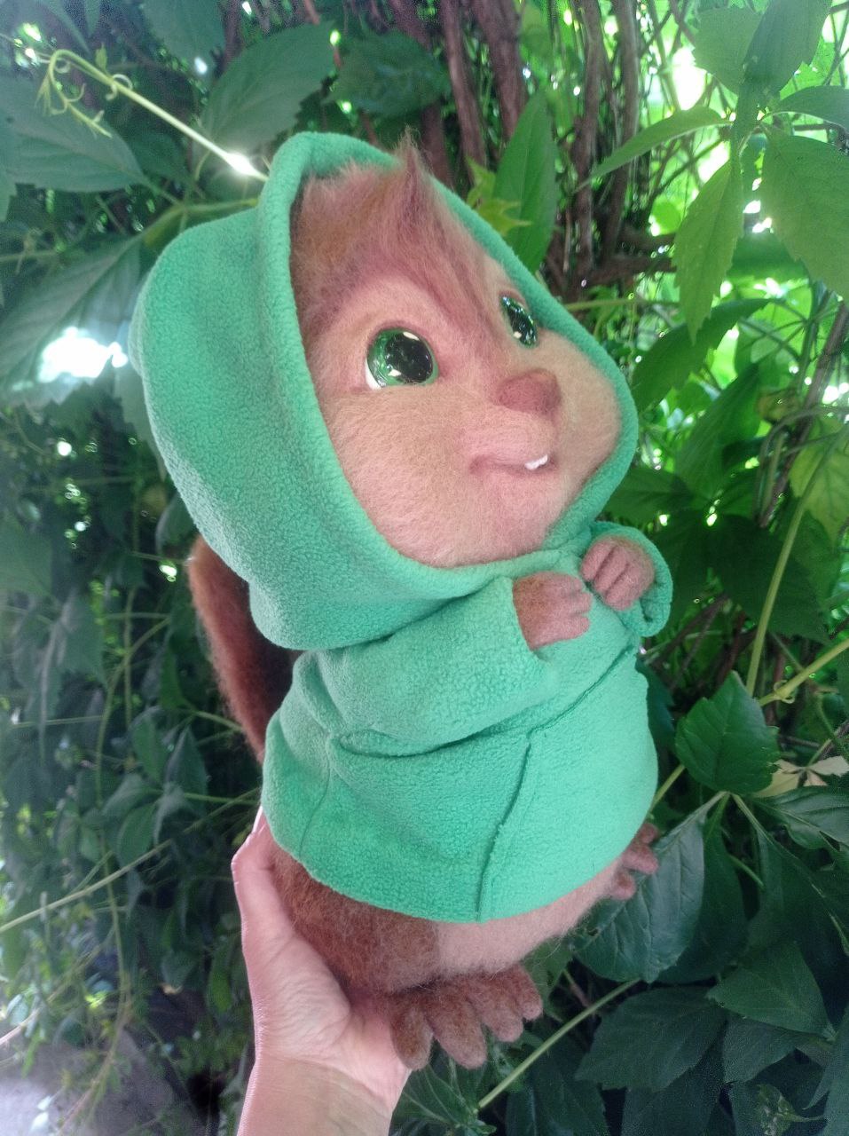 Theodore chipmunk plush with tail Theodore chipmunk plush in a green hood with his wool tail showing, custom needle felted fan toy to order
