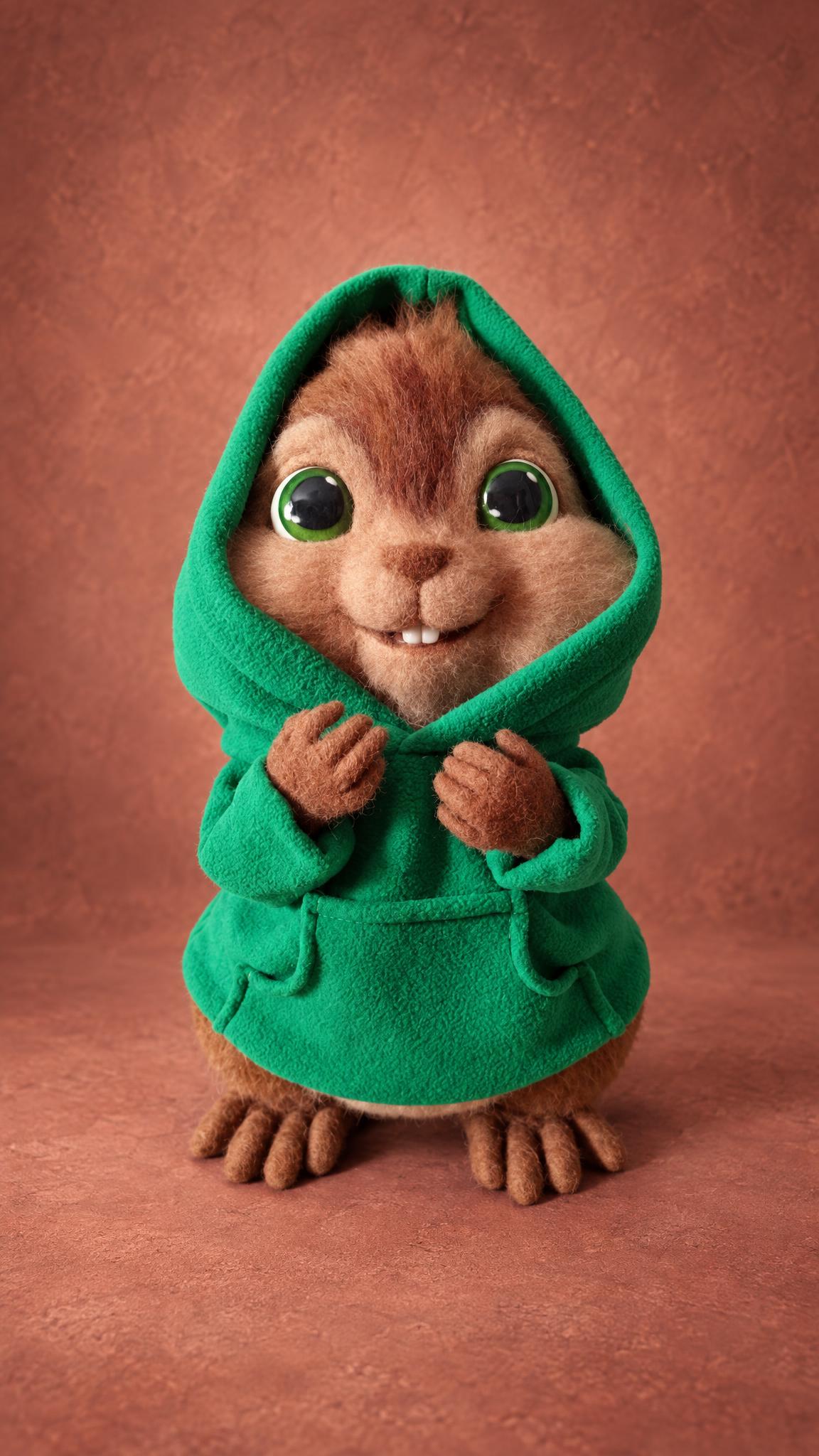 Needle felted Theodore from Alvin and the Chipmunks, wool chipmunk in a green hoodie, handmade to order