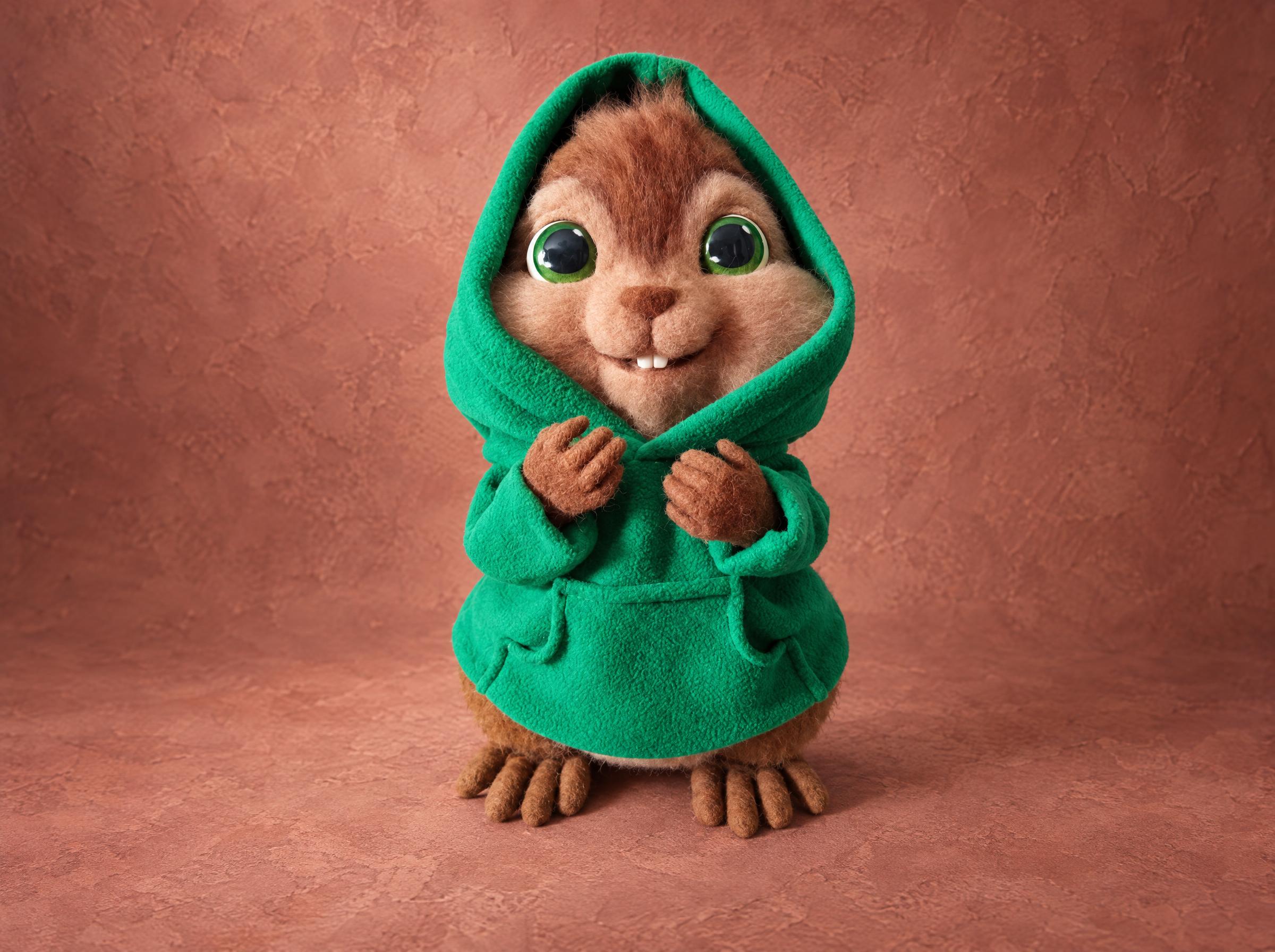 Theodore chipmunk plush in a green hoodie with the hood up, needle felted from wool and made to order