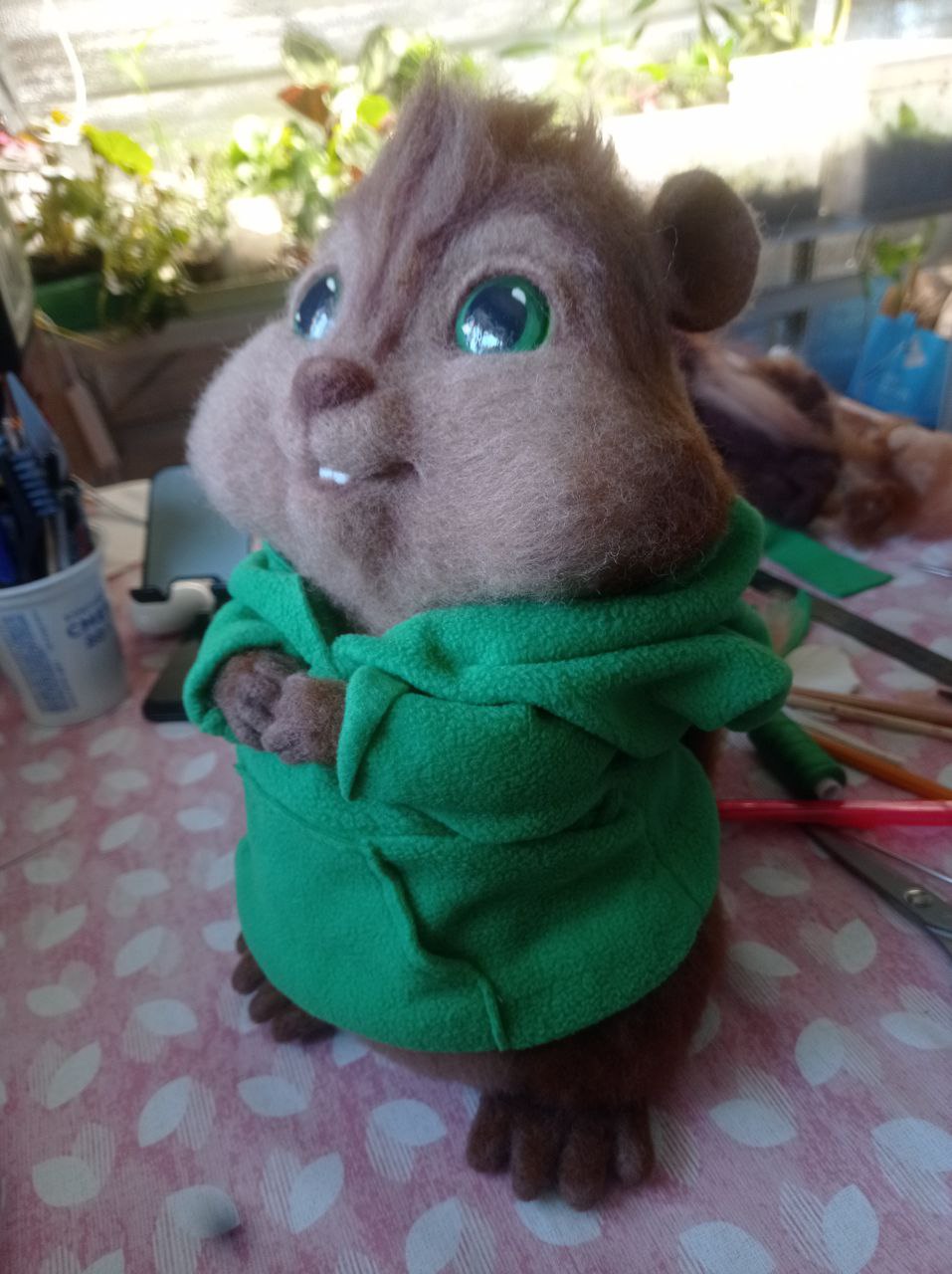 Theodore chipmunk plush, layered wool fur Theodore chipmunk plush with layered brown wool fur and a green top, needle felted fan toy made to order