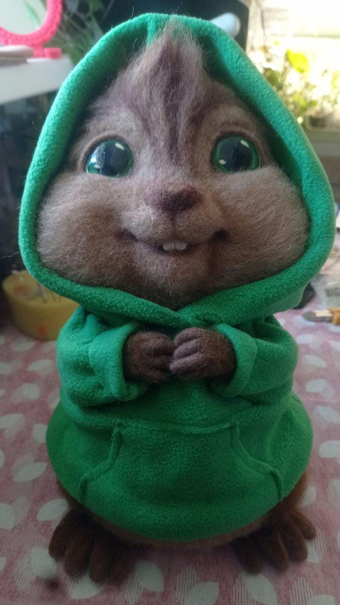 Wool Theodore chipmunk with the hood up and paws together, custom Alvin and the Chipmunks plush made to order