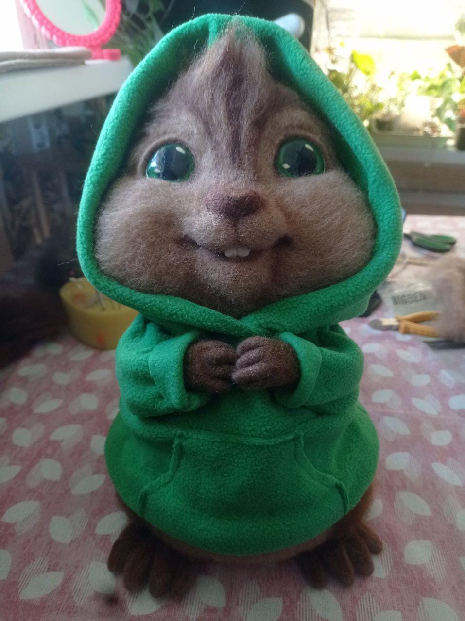 Wool Theodore chipmunk, hood up Wool Theodore chipmunk with the hood up and paws together, custom Alvin and the Chipmunks plush made to order